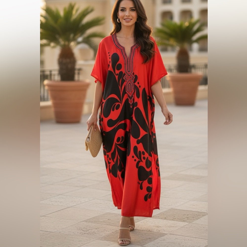 Red and Black Resort Maxi Dress with Dolman Sleeves